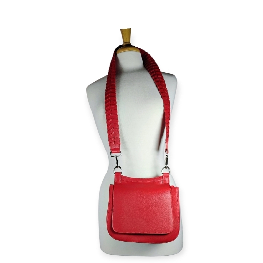 Red Braided Strap Crossbody Bag Chrome Hardware – Trendy College Style - Picture 3 of 16